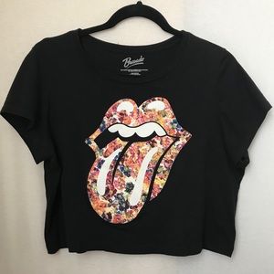 Black top with floral rolling stones mouth